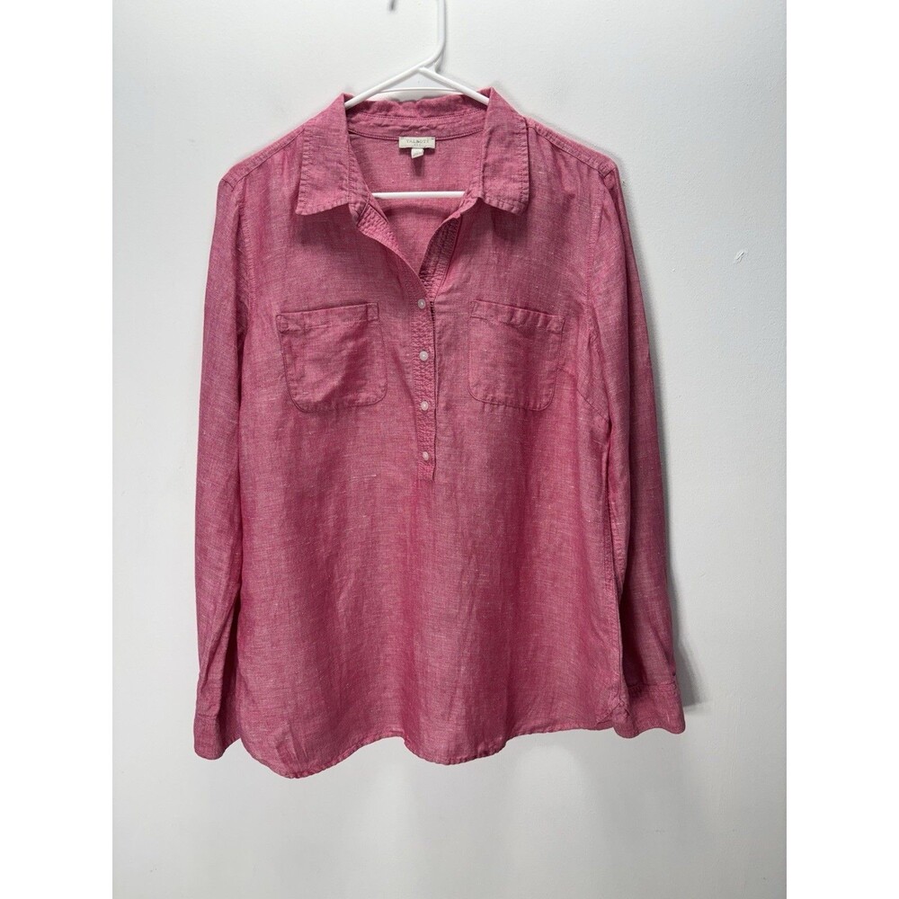 Talbots  Womens Tunic  Top Linen Heathered Red Long Sleeve Pocket Button-Up M